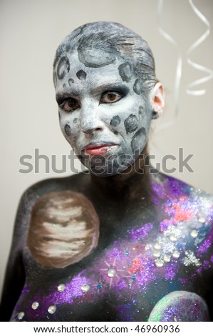 LAS PALMAS - FEBRUARY 16: Candidate of Body painting from Canary Islands performs backstage during the Carnival\'s Body Make-up Contest February 16, 2010 in Las Palmas, Spain