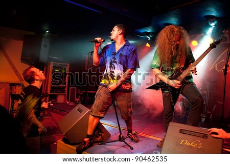 CANARY ISLANDS - DECEMBER 3: Singer Maurice Adams(l) and Damage Karlsen(r), from the Norwegian band Breed, performing onstage during Hard & Heavy Meeting December 3, 2011 in Canary islands,Spain
