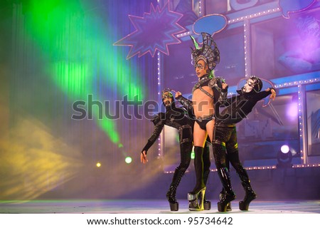 LAS PALMAS ,SPAIN -FEBRUARY 17: Drag Juan Miguel Sosa(m) and unidentified persons, all from Canary Islands, during The Carnival\'s Drag Queen Gala on February 17, 2012 in Las Palmas,Spain