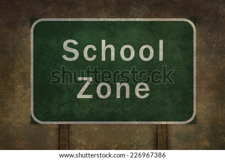 School zone roadside sign illustration, with distressed ominous background