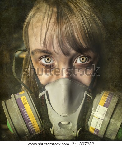 Post apocalyptic survivor - female child wearing gas mask, image is treated with a distressed patina