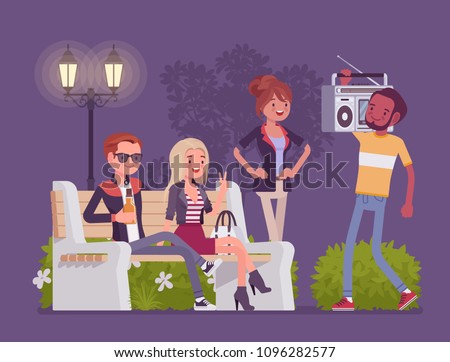 Hang out party. Group of young people having fun together, carefree friends enjoy leisure time out, millennial street social entertainment and night recreation. Vector flat style cartoon illustration