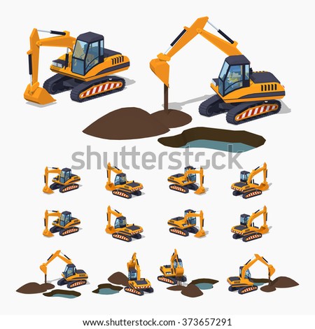 Yellow excavator. Special machinery. 3D lowpoly isometric vector illustration. The set of objects isolated against the white background and shown from different sides