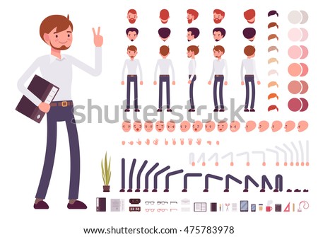 Male clerk character creation set. Build your own design. Cartoon vector flat-style infographic illustration