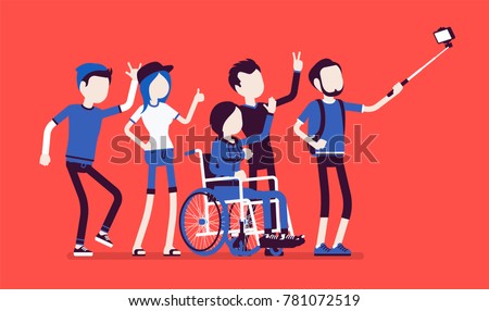 Group selfie and young people. Self-portrait photograph taken with phone stick camera, girl with special needs and friends, inclusion concept. Vector illustration with faceless characters