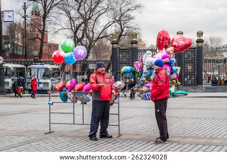 Moscow, Russia, March 7, 2015. Sellers of balloons in red square.