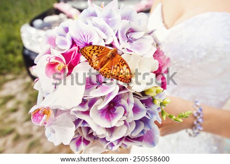 A butterfly sitting on a bright colorful orchid wedding bouquet.