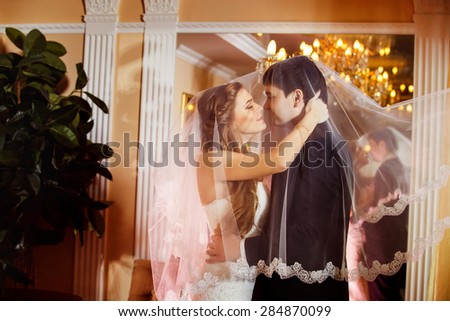 Closeup portrait  of beautiful wedding couple covered in veil kissing at indoors mirror background. Concept of love and family.