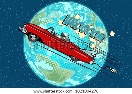 Astronaut in an electric car over the planet Earth. Pop art retro vector illustration comic cartoon hand drawn vector