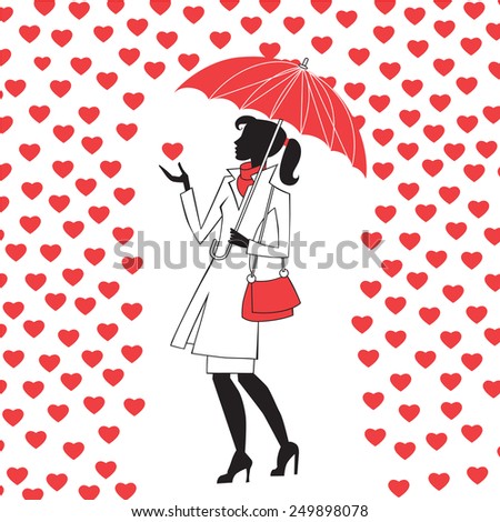 Modern young woman with an umbrella in the rain of red hearts, a way of love and Valentine Day