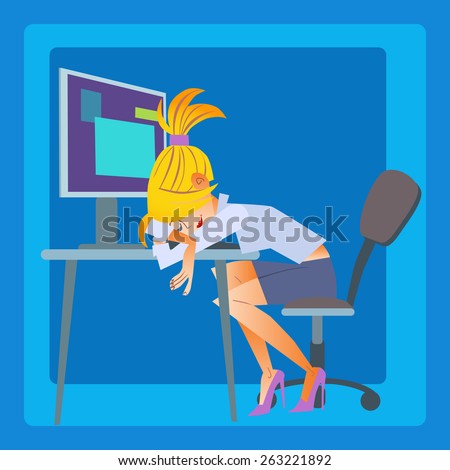 businesswoman sleeping at the computer fatigue working girl. Office and employees
