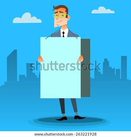 Businessman with a poster on the street and place for text