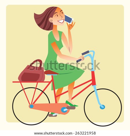 A healthy way of life. Young woman riding a bike and talking on the smartphone