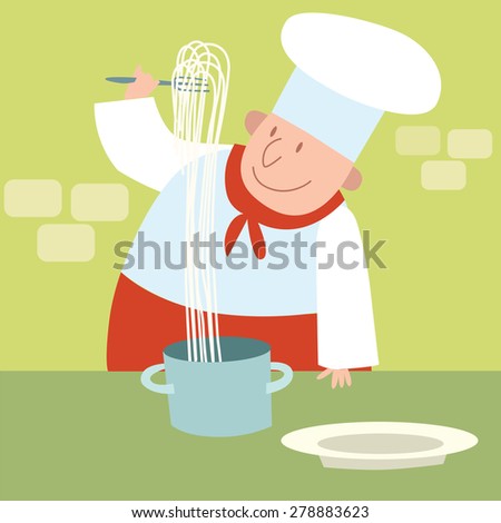 Cook spaghetti in a restaurant kitchen. The chef looks at pasta
