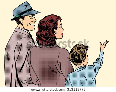 Family mom dad and son retro style pop art. People stand back and in profile dreamy boy raised his hand up. The concept of family, love and care
