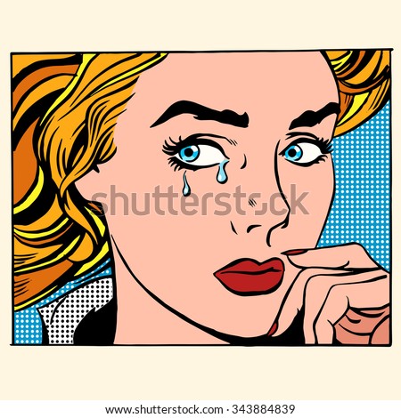 Girl crying woman face. Pop art retro style. Caucasian people coarsely face image. Human emotions