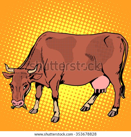 Cow eating grass farm animals pop art retro style. Ranch and agriculture. Meat and dairy industry and business.