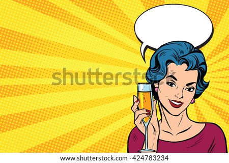 Toast girl party yellow retro background pop art retro vector. Celebration and party. Alcohol drink