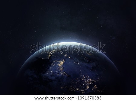 Nightly Earth in the outer space collage. Abstract wallpaper. City lights on planet. Civilization. Elements of this image furnished by NASA