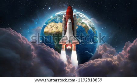 Space shuttle launch in the space. Earth and pink clouds on background. Space art wallpaper. Galaxy lights. Elements of this image furnished by NASA