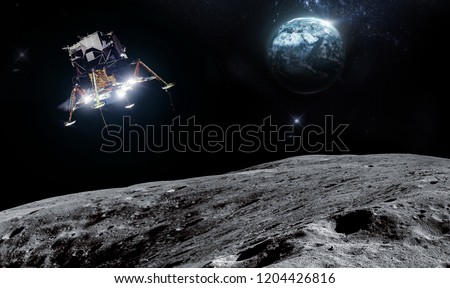 Spacecraft landed on surface of Moon. Planet Earth on background. Elements of this image furnished by NASA.