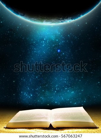 Ancient book and Earth globe with stars and universe art. Magic and space theme. Blue light on background. Planet concept. Place for text and infographic. Abstract history and astronomy theme.