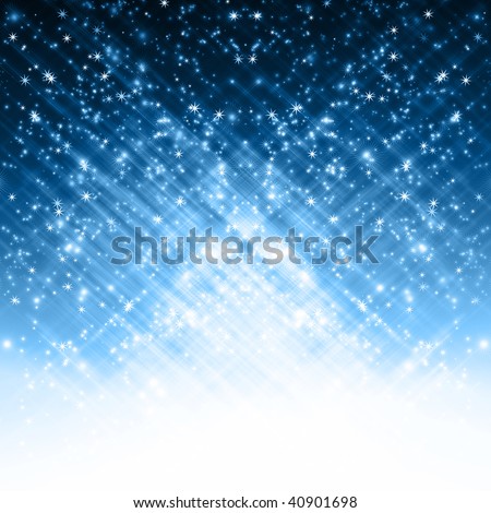 snowflakes and stars descending on a path of blue light