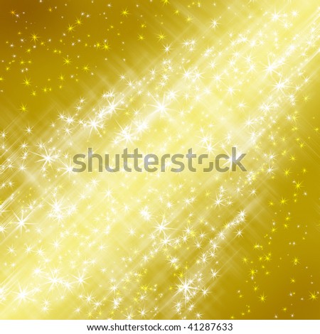 snowflakes and stars descending on a path of golden light