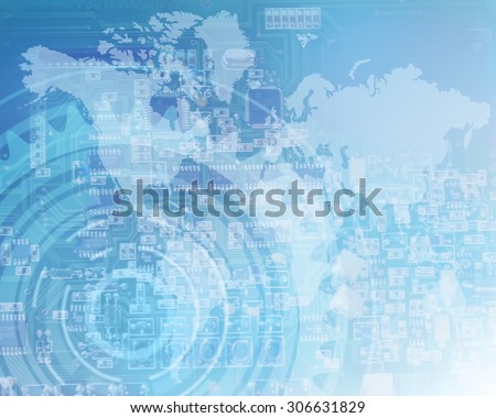 World map on a technological background,  symbols of the Internet, radio, television, mobile and satellite communications. Best Internet Concept of global business