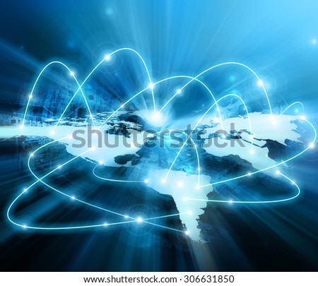 World map on a technological background,  glowing lines symbols of the Internet, radio, television, mobile and satellite communications. Best Internet Concept of global business