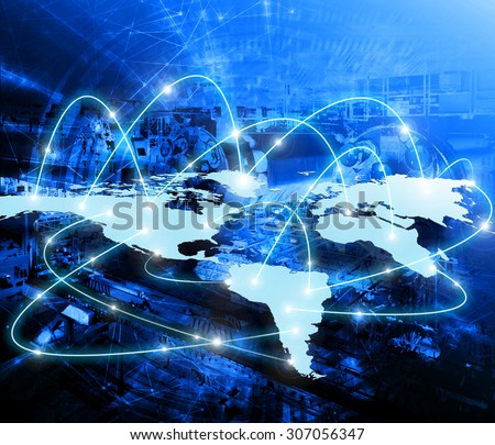 World map on a technological background, bright lines and rays, symbols of the Internet, radio, television, mobile and satellite communications. Best Internet Concept of global business