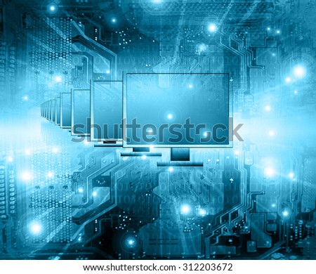 monitors, computers on the technical background of glowing lines show the data on the Internet and various communications. Best Internet Concept of global business