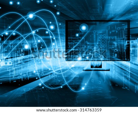 Best Internet Concept of global business. Monitor and glowing lines on technological background. Electronics, Wi-Fi, rays, symbols of the Internet, television, mobile and satellite communications