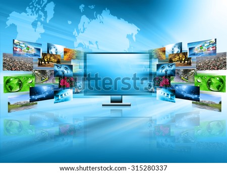 Best Internet Concept of global business. Monitor and glowing lines on technological background. Electronics, Wi-Fi, rays, symbols of the Internet, television, mobile and satellite communications