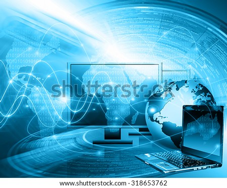 Best Internet Concept of global business. Globe, laptop and glowing lines on technological background. Electronics, Wi-Fi, rays, symbols  Internet, television, mobile and satellite communications