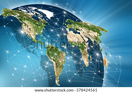 World map on a technological background, bright lines and rays, symbols of the Internet,  television, mobile and satellite communications. Primary source and elements of this image furnished by NASA