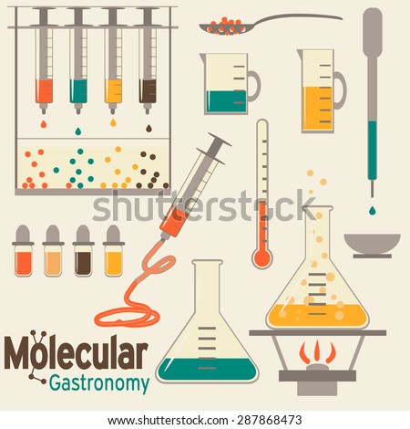 Molecular gastronomy flat set. Modernist cuisine in retro colors.