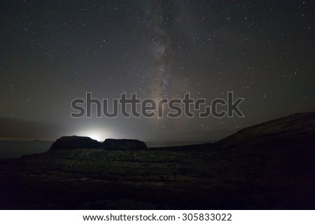 Coastal ocean rocks in a dark with starry night sky and milky way on background