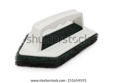 Clean scrubber isolated on white background, green fiber scourer with plastic handle