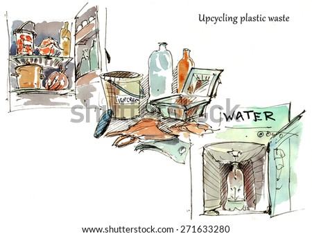 Reusing plastic containers, up-cycling plastic waste. Watercolor illustration