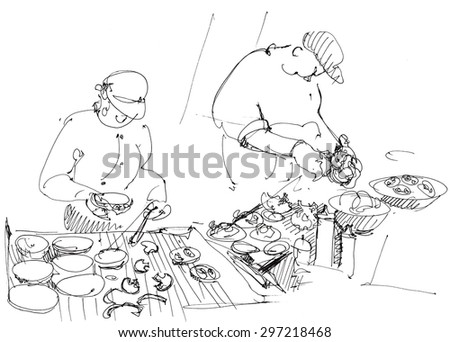 Two cooks are cooking on grill. Hand drawn illustration