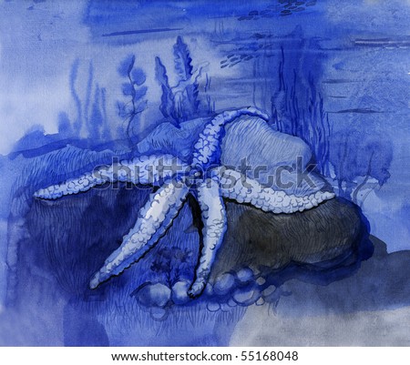 Starfish on an ocean floor. Drawing a water color