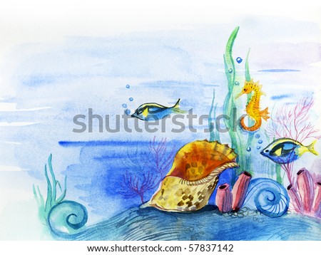 Fishes, seaweed and a bowl on a sea-bottom. Drawing a water color