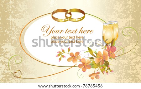 stock vector Card with heart wedding rings flowers and champagne glasses