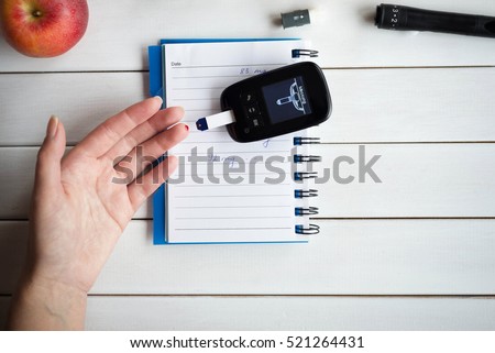 Woman checking sugar level with glucometer.Diabetes test. Healthcare, diabetes, medical concept.