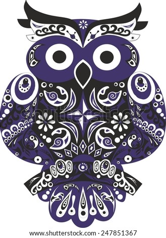 Owl the bird, an eagle owl an animal, black color, blue patterns, \
 bird on a tree, stylized a bird, an owl with large ears,\
 wings with drawing