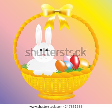 Easter rabbit,  white hare, green grass, yellow bow, pink nose, basket with gifts, black eyes, pink ears