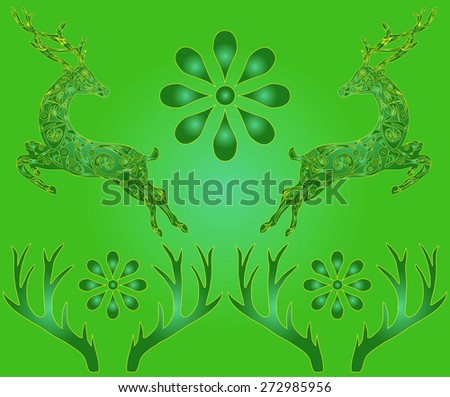 Deer illustration, green animal, plant a flower, yellow curls, the deer man, an animal with drawing, a deer an animal, long horns, deer drawing