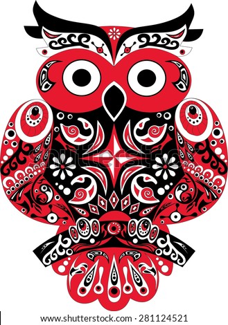Owl bird, eagle owl animal, black color, red patterns, red bird,
The owl sits on a branch, an animal an eagle owl, a red bird, the stylized bird, a flower on the head, wings with a pattern,
