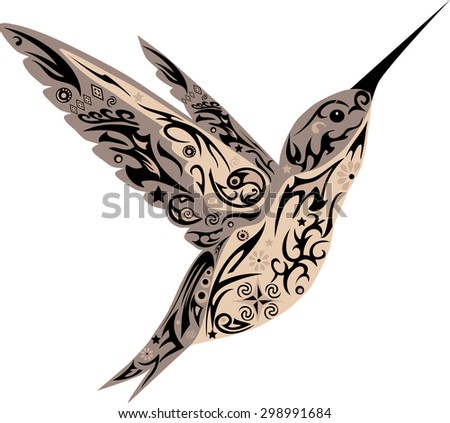 Hummingbird flies, a bird with wings, an animal with drawing, a little bird with patterns, a bird with a flower, curls on a Humming-bird